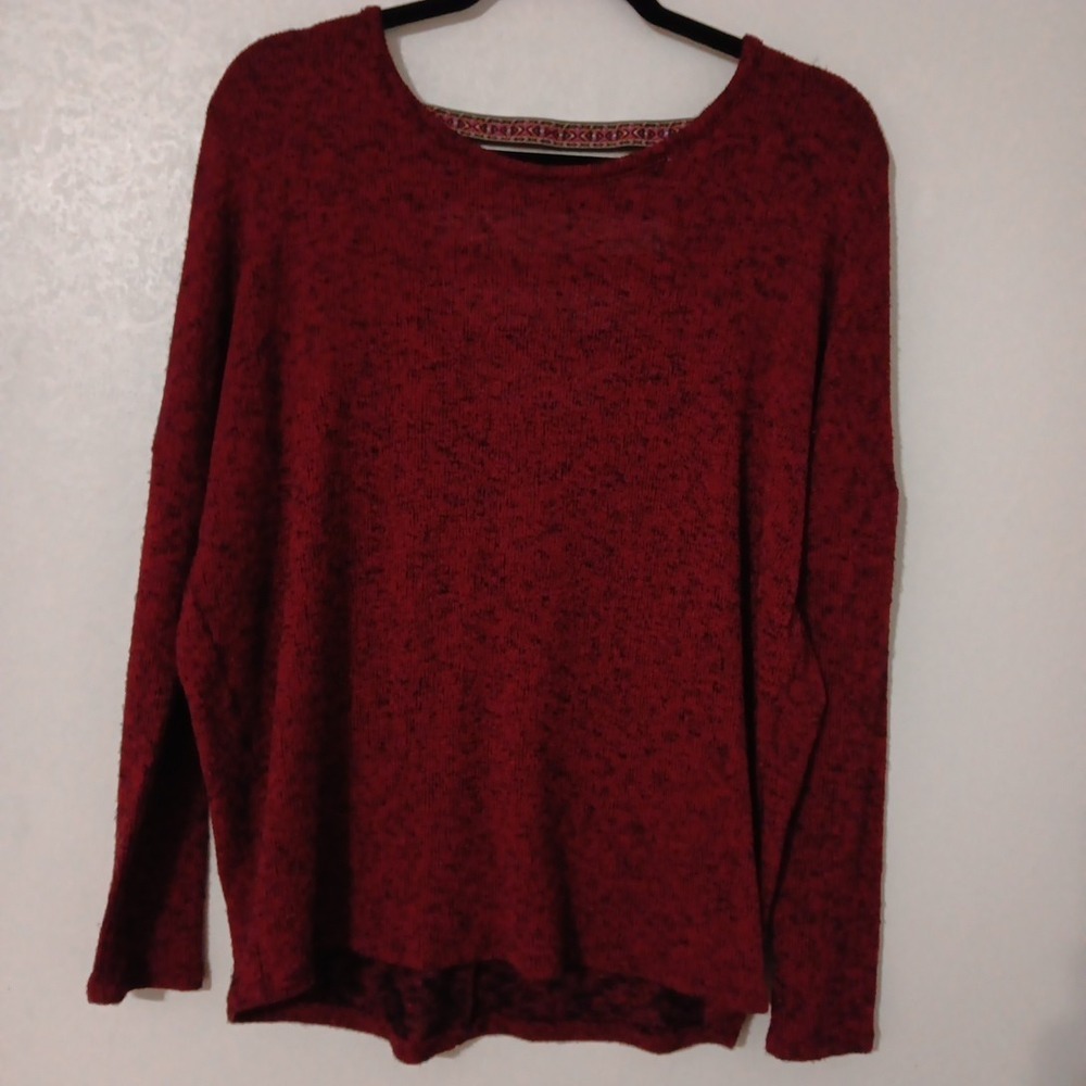 Alya Pullover Sweater Women's Sz S Burgundy w/ Black Specks Strapped Back Long